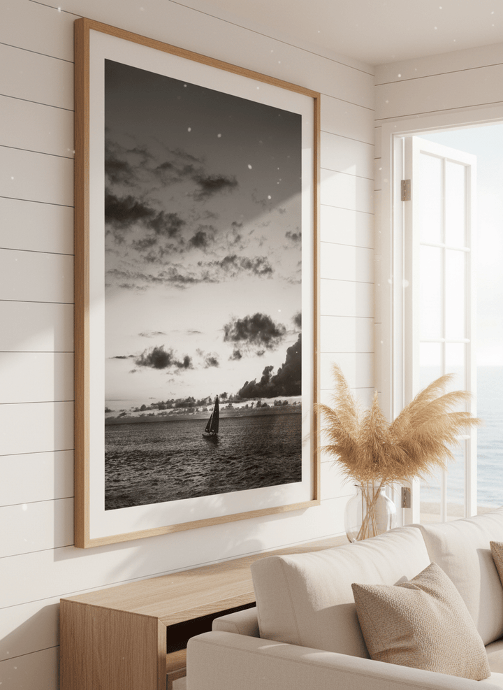 Neutral wall art displayed in a sunny coastal beach house