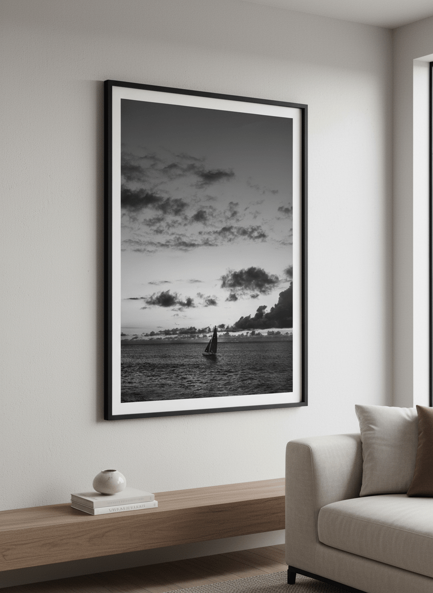 Modern wall art styled above a sofa in a neutral living room