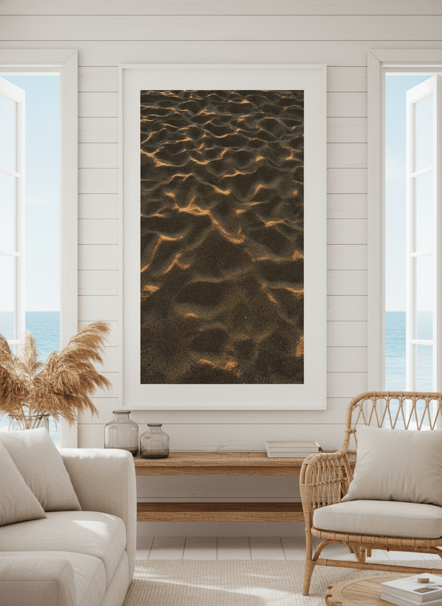 Neutral wall art displayed in a sunny coastal beach house