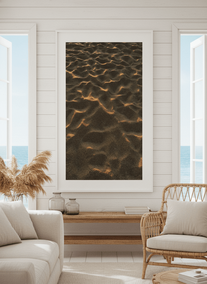 Neutral wall art displayed in a sunny coastal beach house
