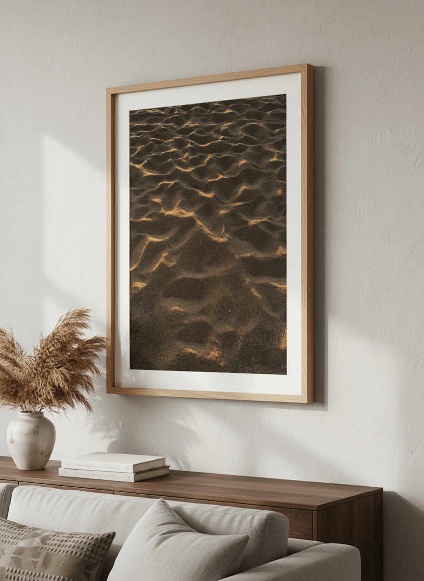 Modern wall art styled above a sofa in a neutral living room