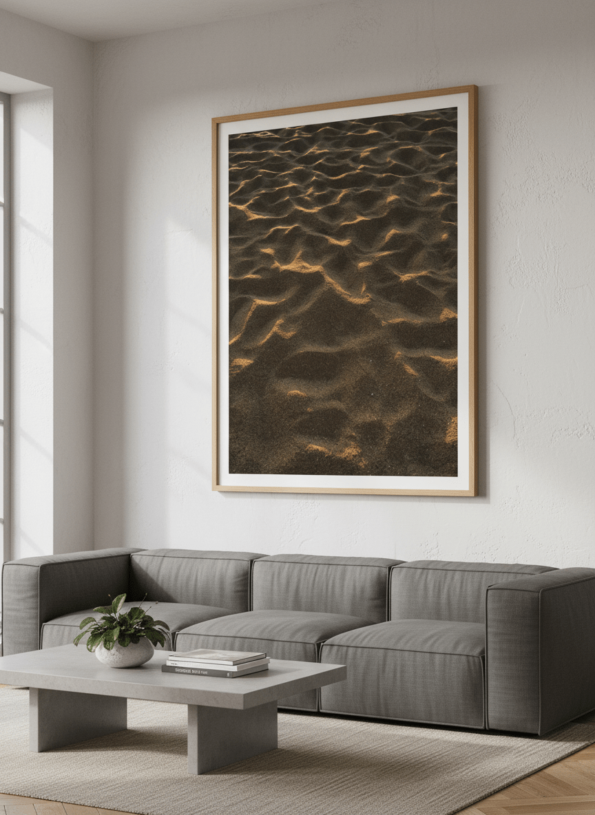 Modern wall art styled above a sofa in a neutral living room