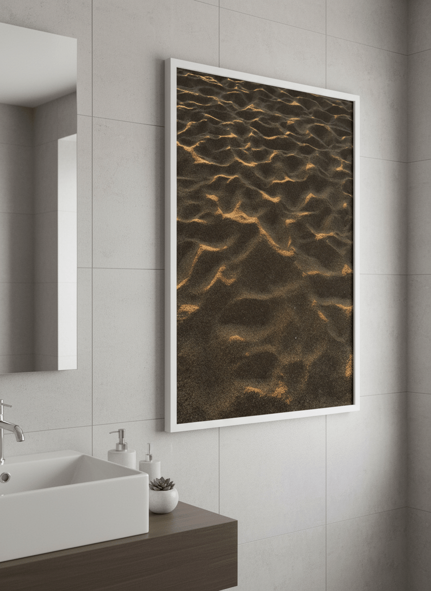 Modern print displayed in a clean minimalist bathroom setting