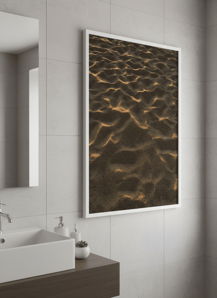 Modern print displayed in a clean minimalist bathroom setting