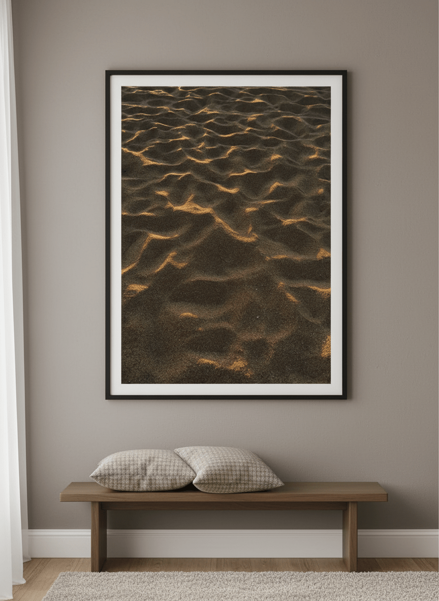 Minimalist artwork displayed in a calm, light-filled bedroom interior
