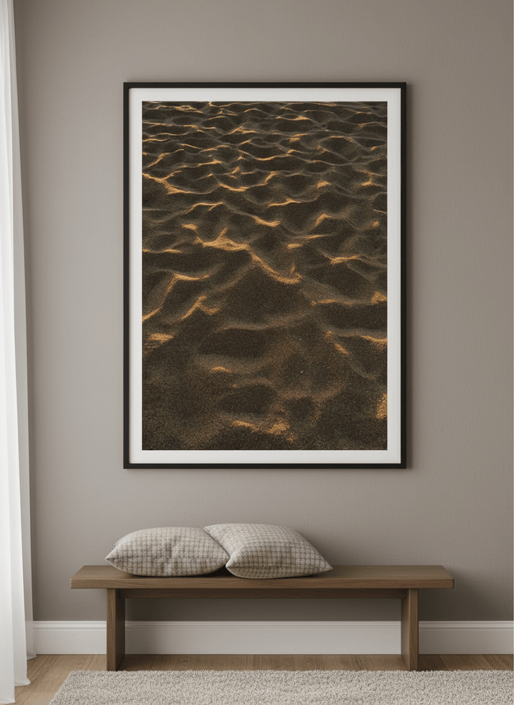 Minimalist artwork displayed in a calm, light-filled bedroom interior