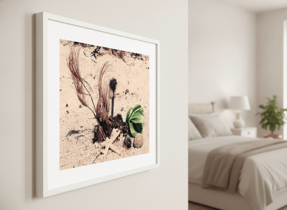 Minimalist artwork displayed in a calm, light-filled bedroom interior