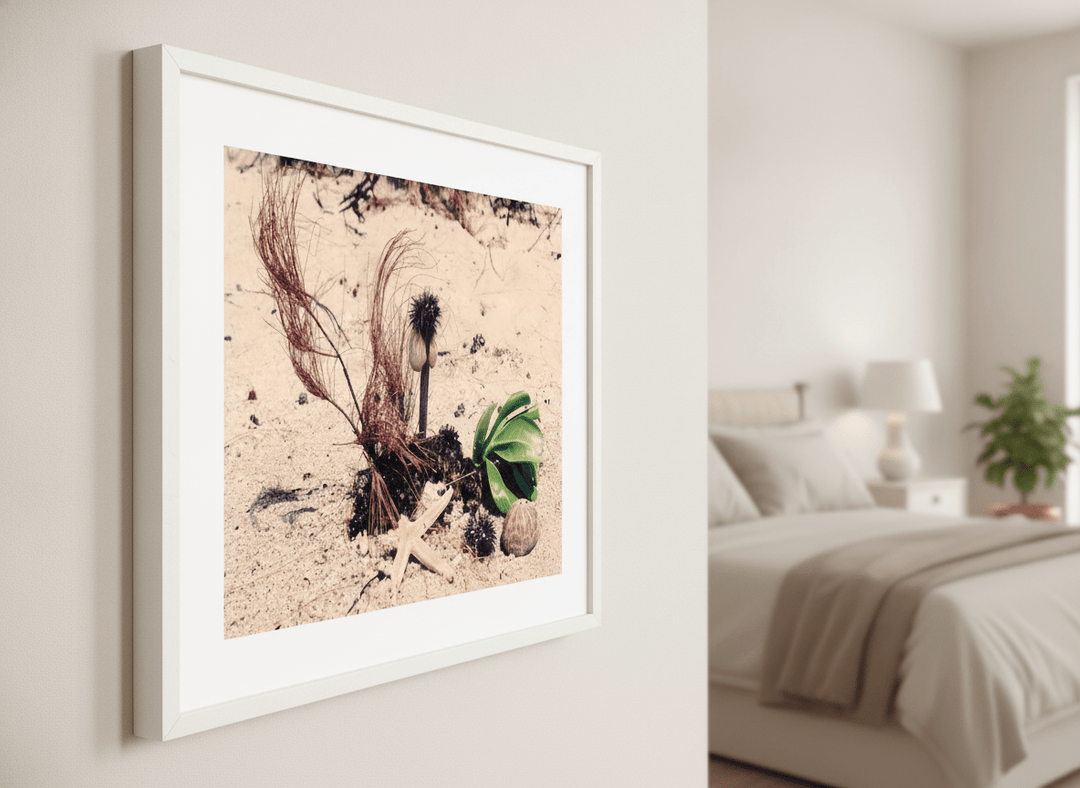 Minimalist artwork displayed in a calm, light-filled bedroom interior