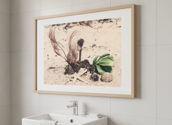Modern print displayed in a clean minimalist bathroom setting