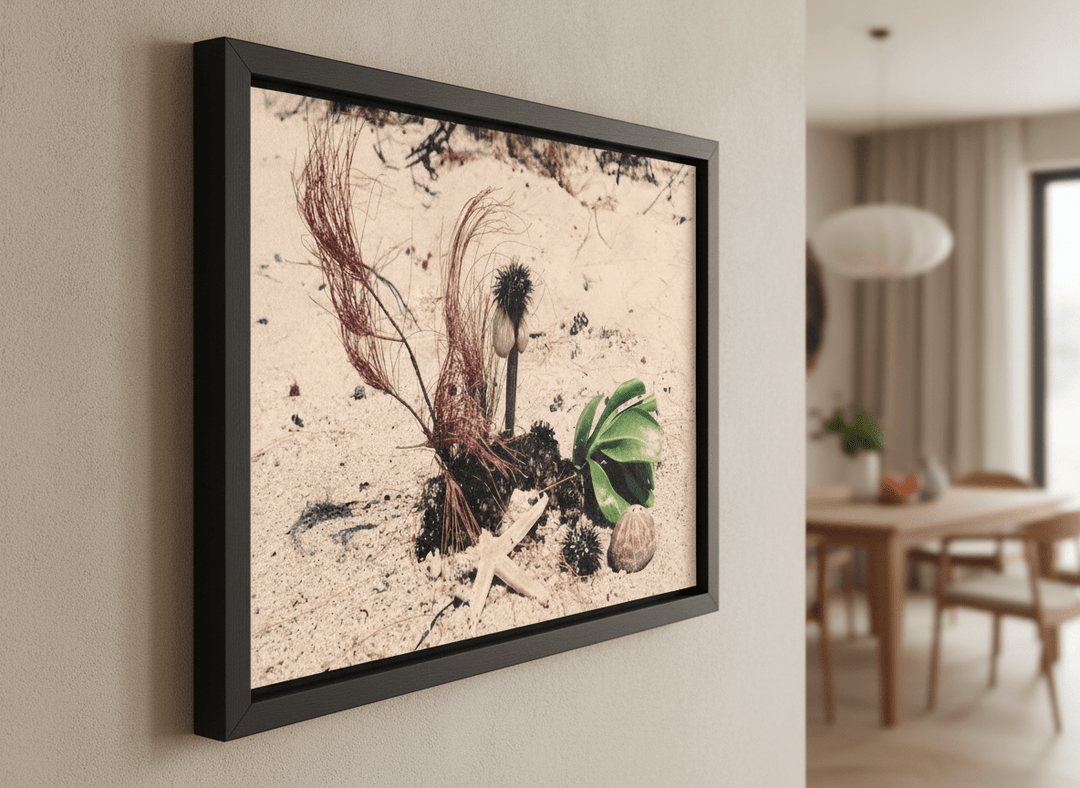 Wall art styled above a dining table in a contemporary home