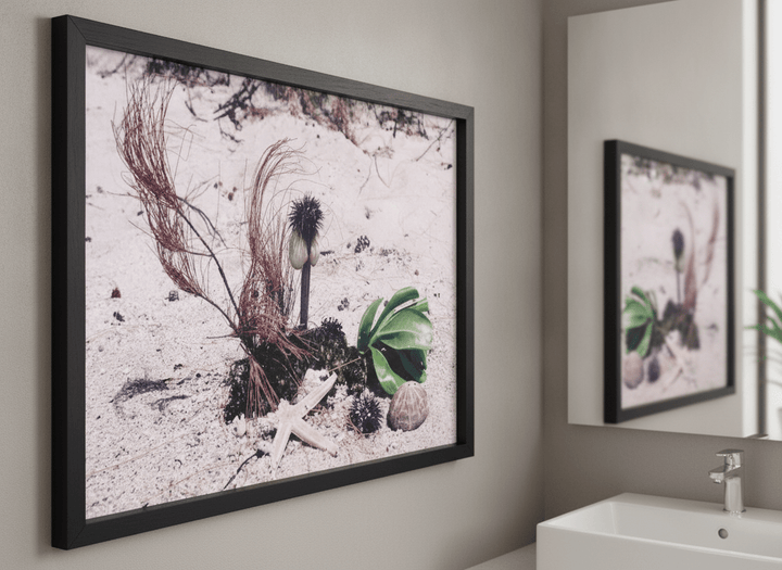 Modern print displayed in a clean minimalist bathroom setting