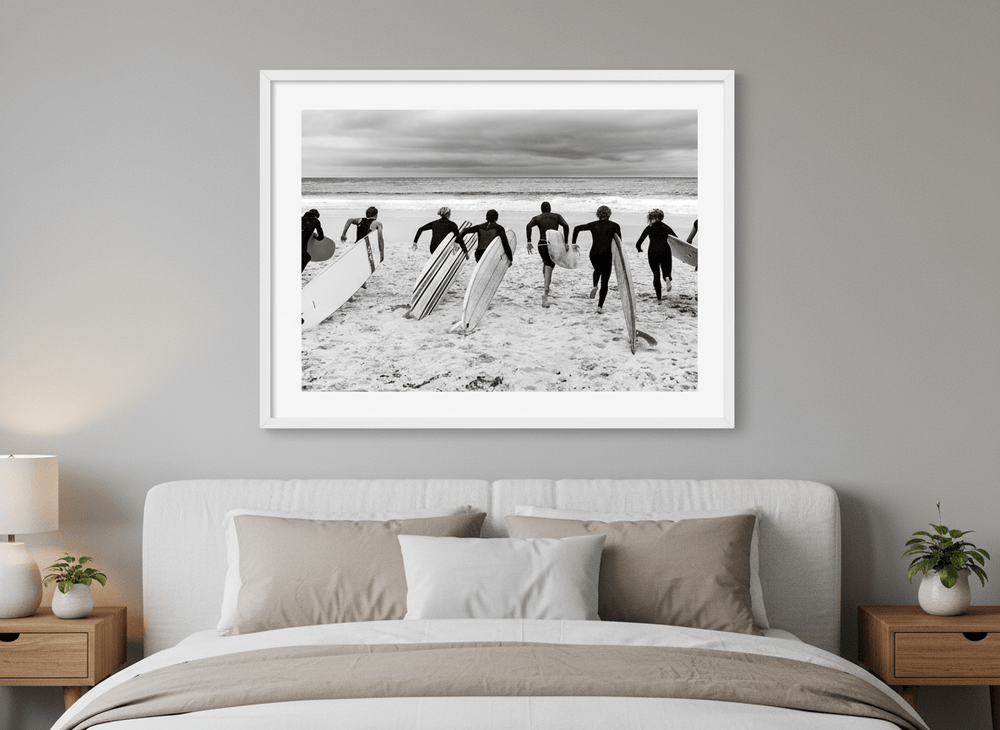 Minimalist artwork displayed in a calm, light-filled bedroom interior