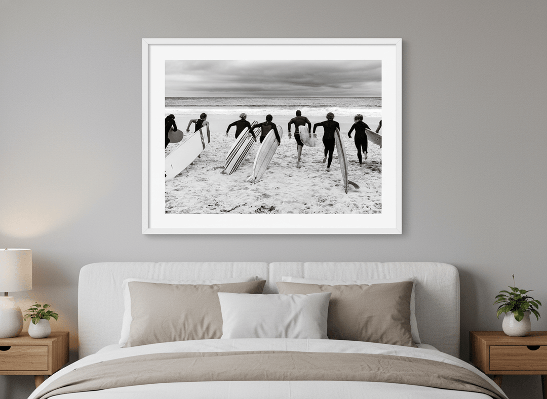 Minimalist artwork displayed in a calm, light-filled bedroom interior