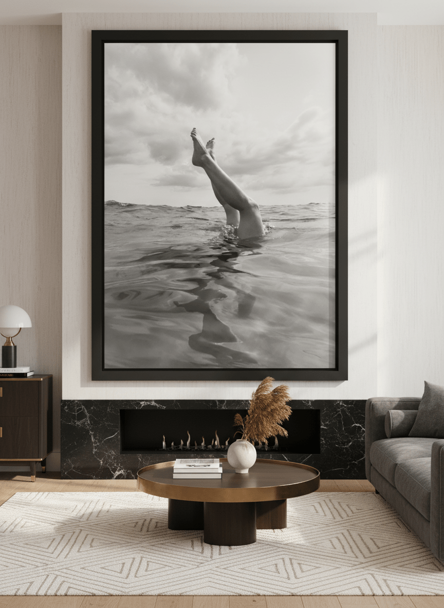 Monumental artwork centred on a feature wall in a luxe interior