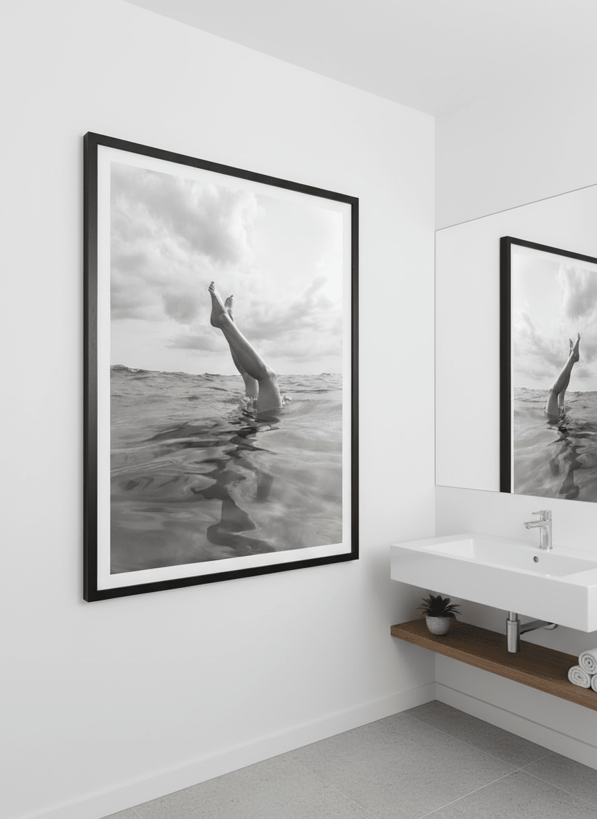 Modern print displayed in a clean minimalist bathroom setting