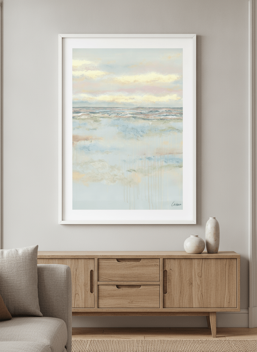 Modern wall art styled above a sofa in a neutral living room