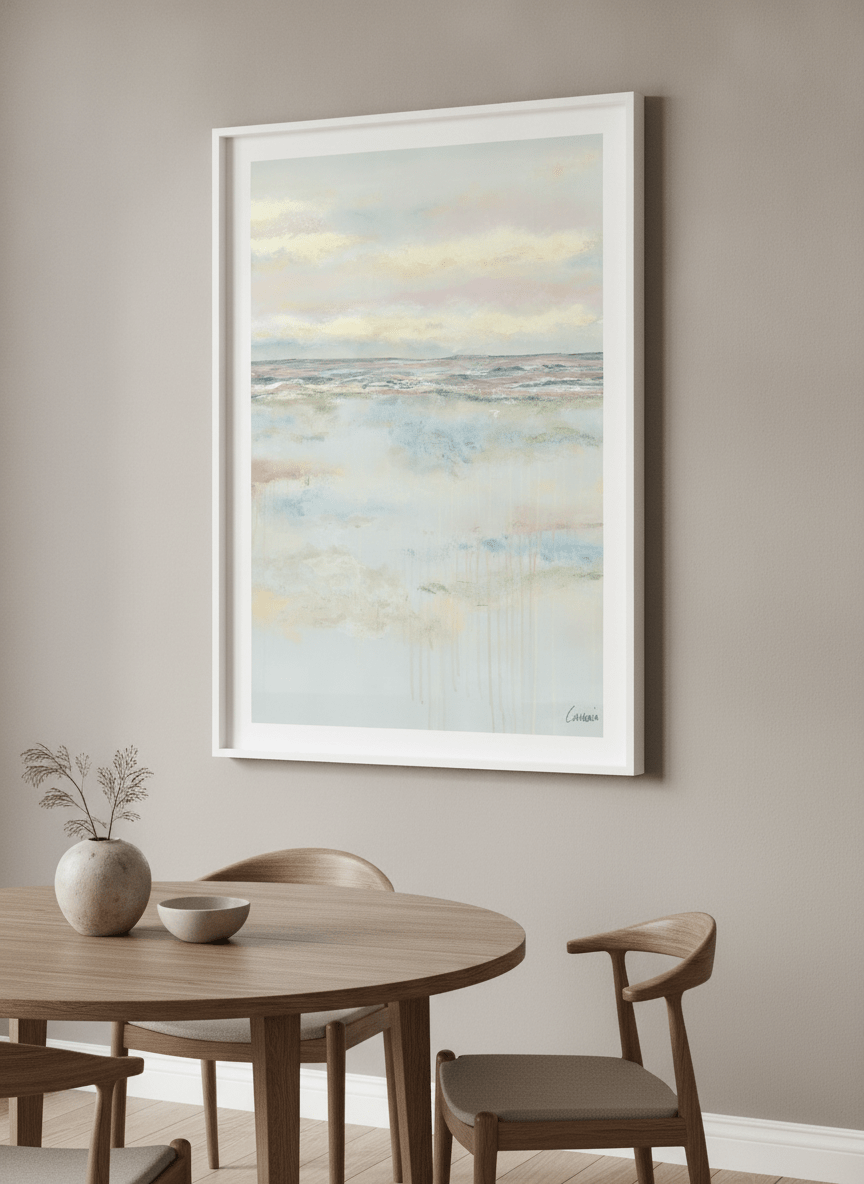 Wall art styled above a dining table in a contemporary home