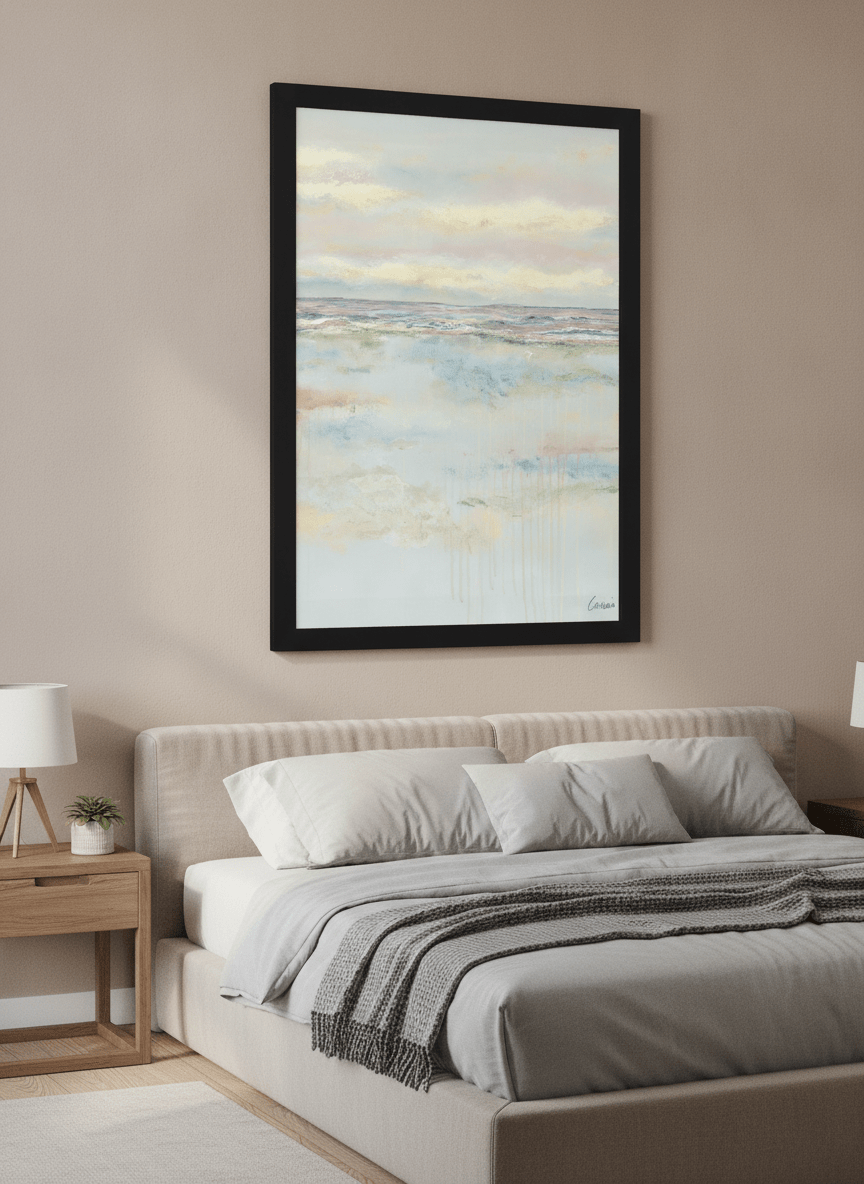Minimalist artwork displayed in a calm, light-filled bedroom interior
