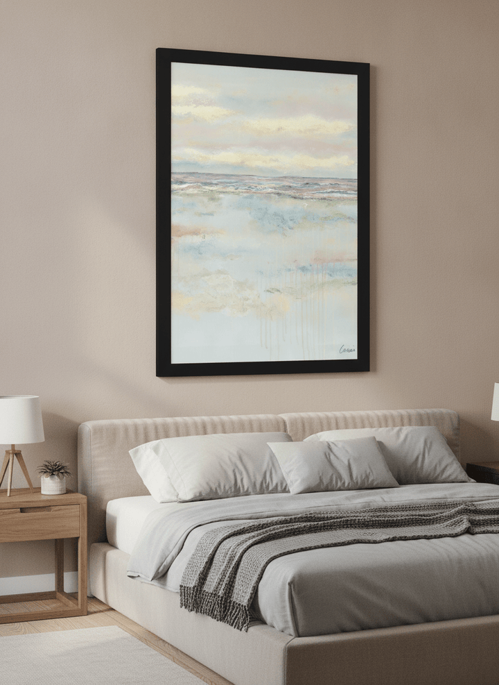 Minimalist artwork displayed in a calm, light-filled bedroom interior