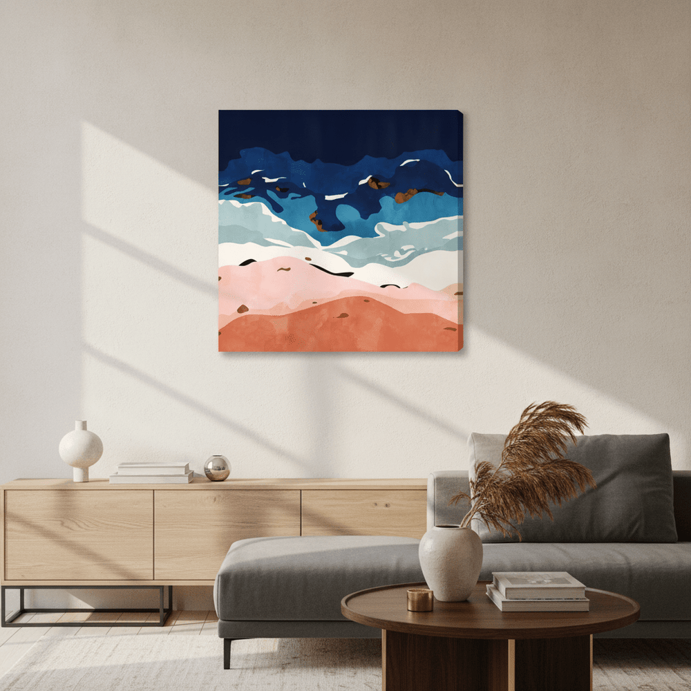 Stretched canvas wall art styled in a neutral living room