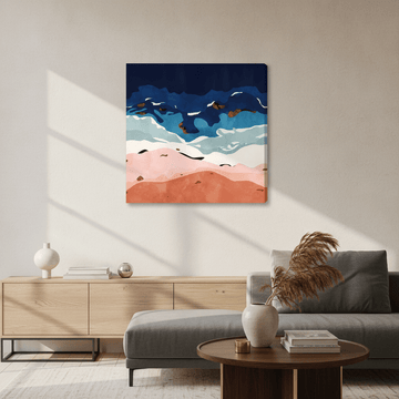 Stretched canvas wall art styled in a neutral living room