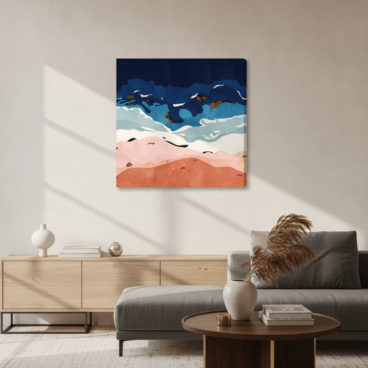 Stretched canvas wall art styled in a neutral living room