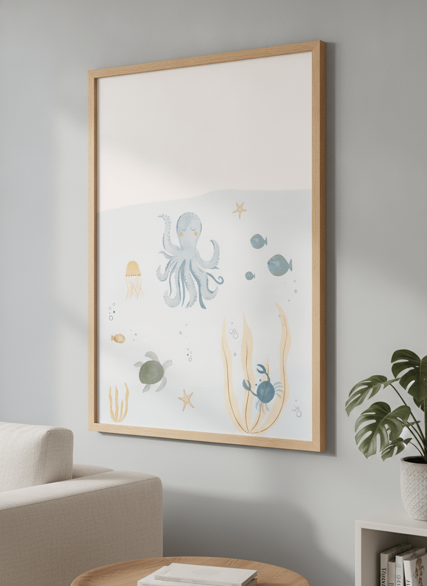 Modern wall art styled above a sofa in a neutral living room
