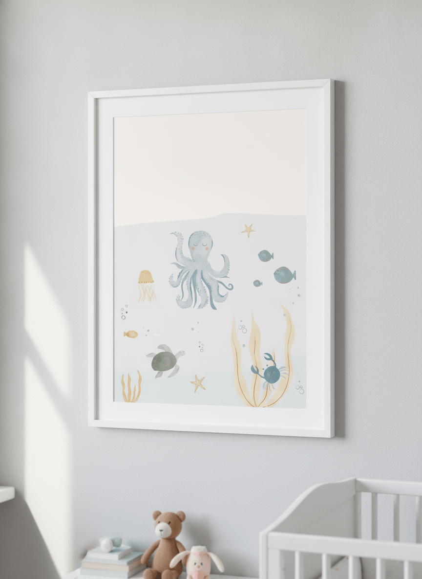 Soft neutral wall art styled in a serene nursery with pastel tones