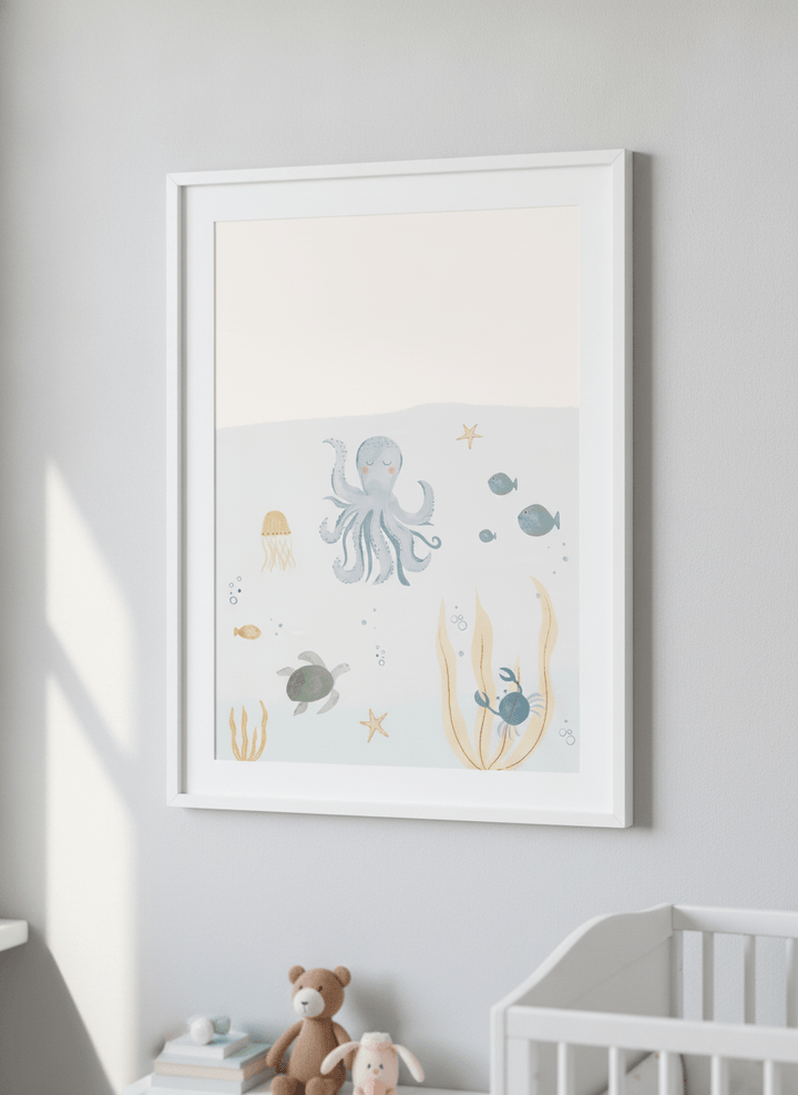Soft neutral wall art styled in a serene nursery with pastel tones