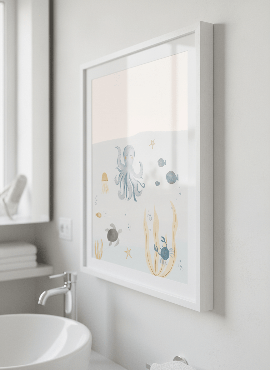 Modern print displayed in a clean minimalist bathroom setting
