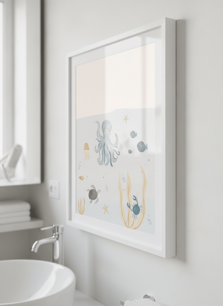 Modern print displayed in a clean minimalist bathroom setting