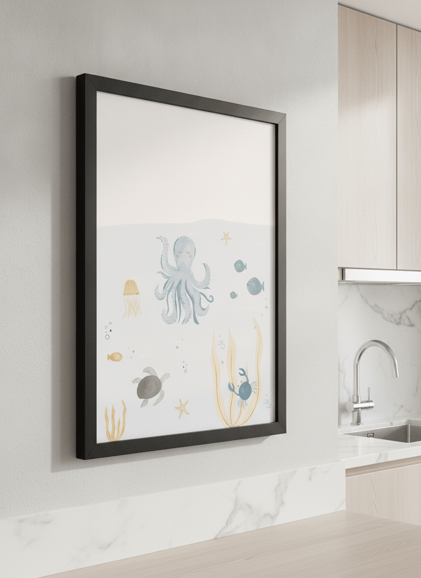 Artwork styled on the wall of a bright modern kitchen