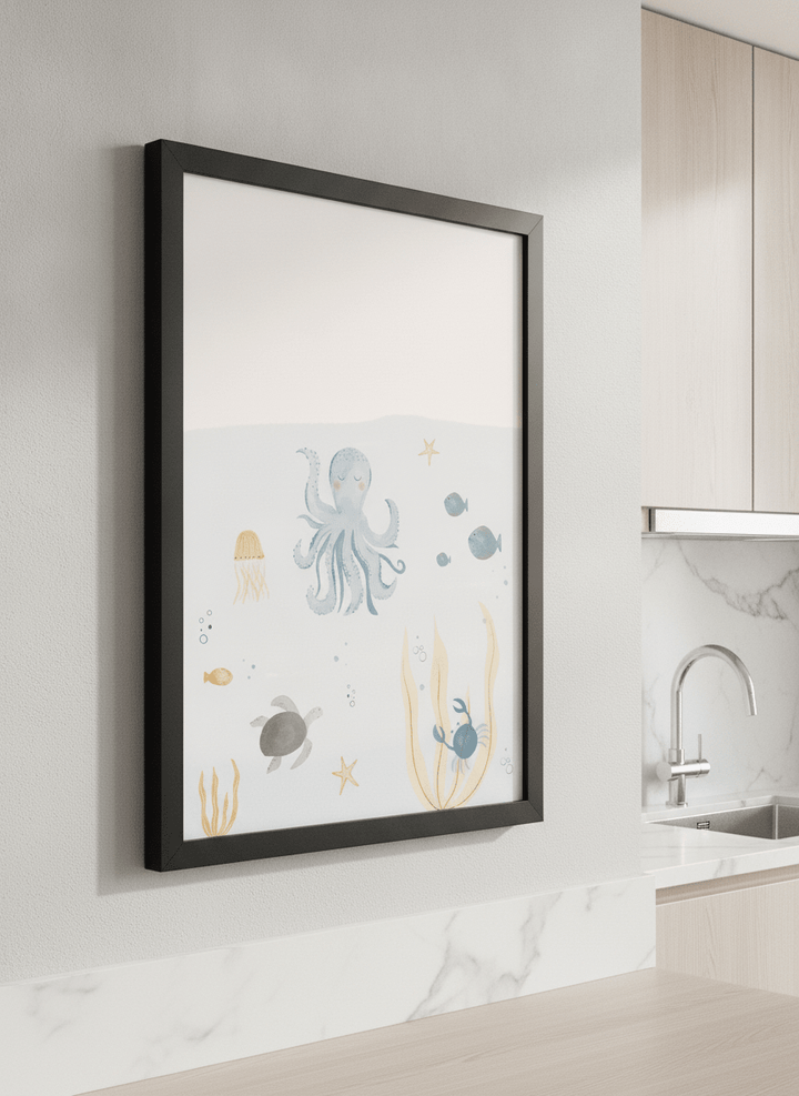 Artwork styled on the wall of a bright modern kitchen