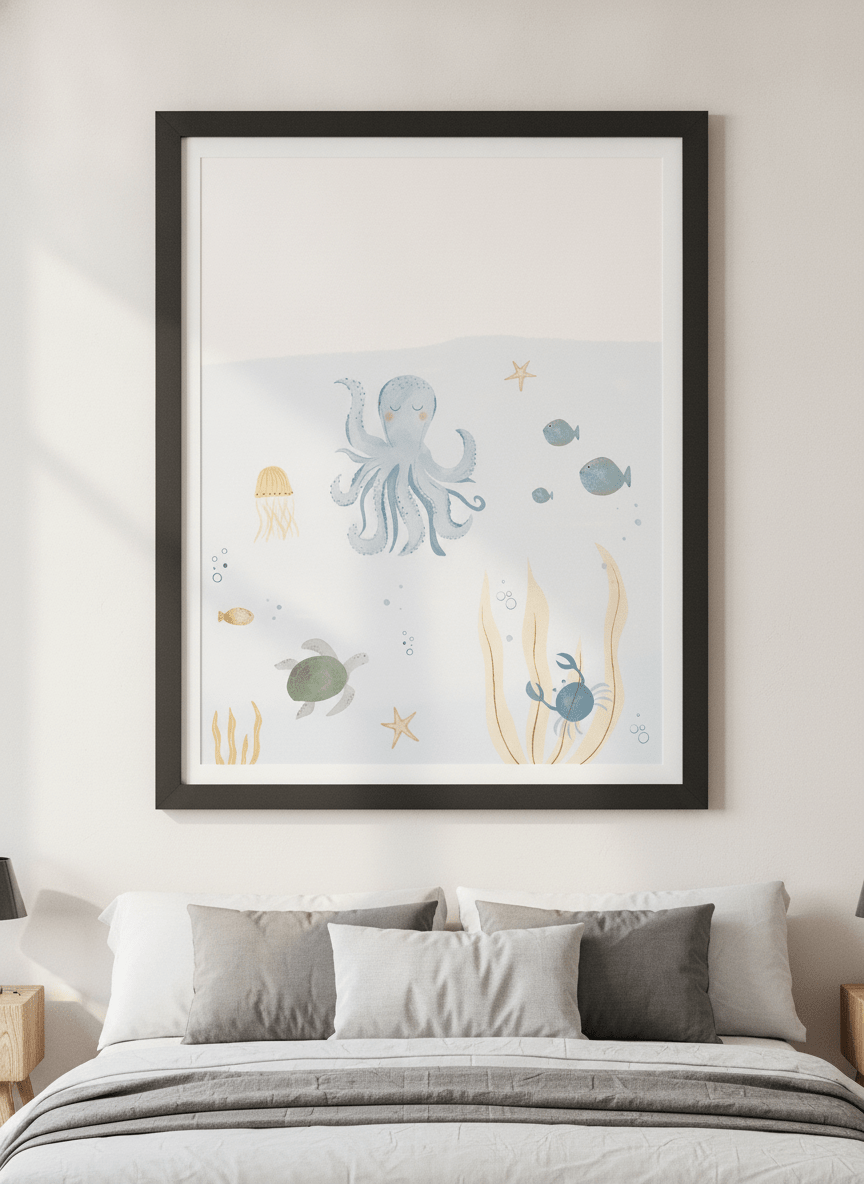 Minimalist artwork displayed in a calm, light-filled bedroom interior