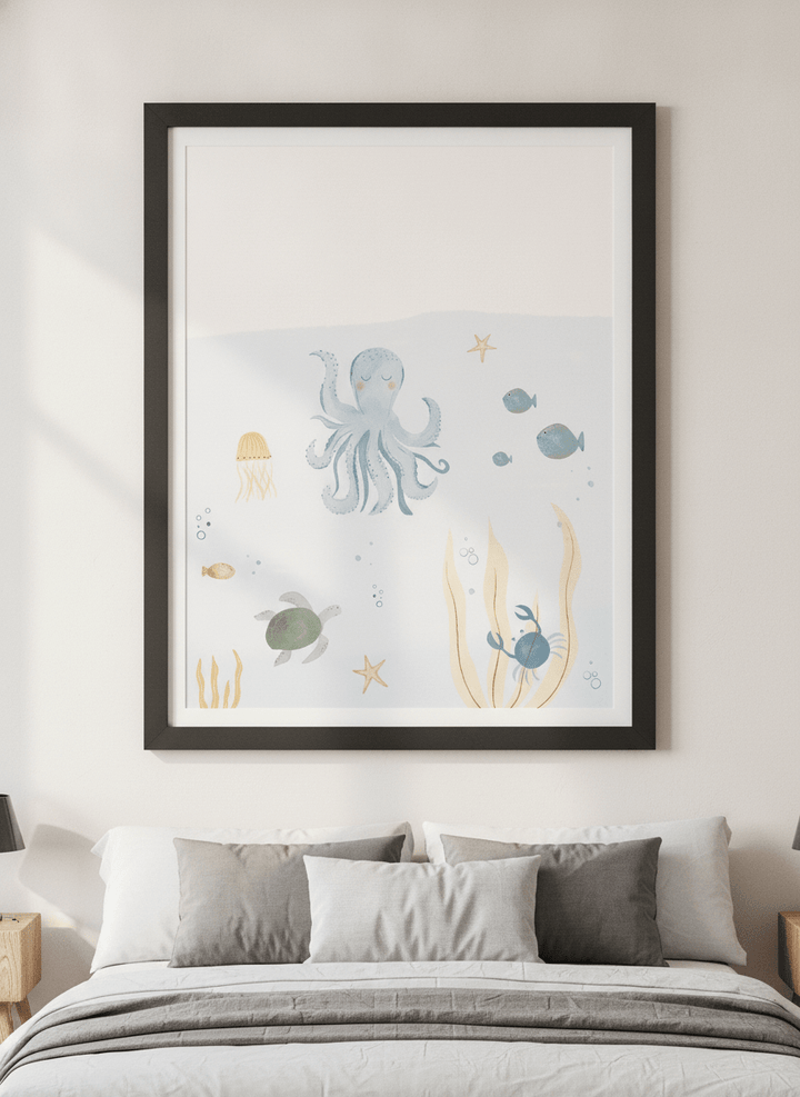 Minimalist artwork displayed in a calm, light-filled bedroom interior