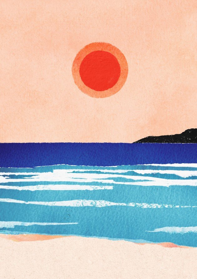 Minimalist illustration of a beach with turquoise waves, a deep blue horizon, and a large red sun in a peach-colored sky, with a dark silhouette of land on the right. framed