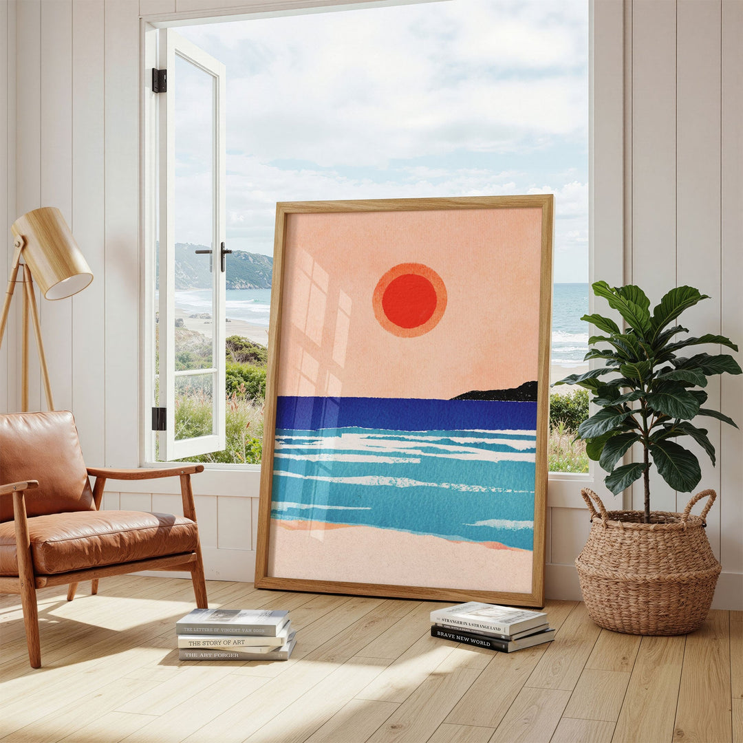 artwork of ocean on floor in a coastal nook