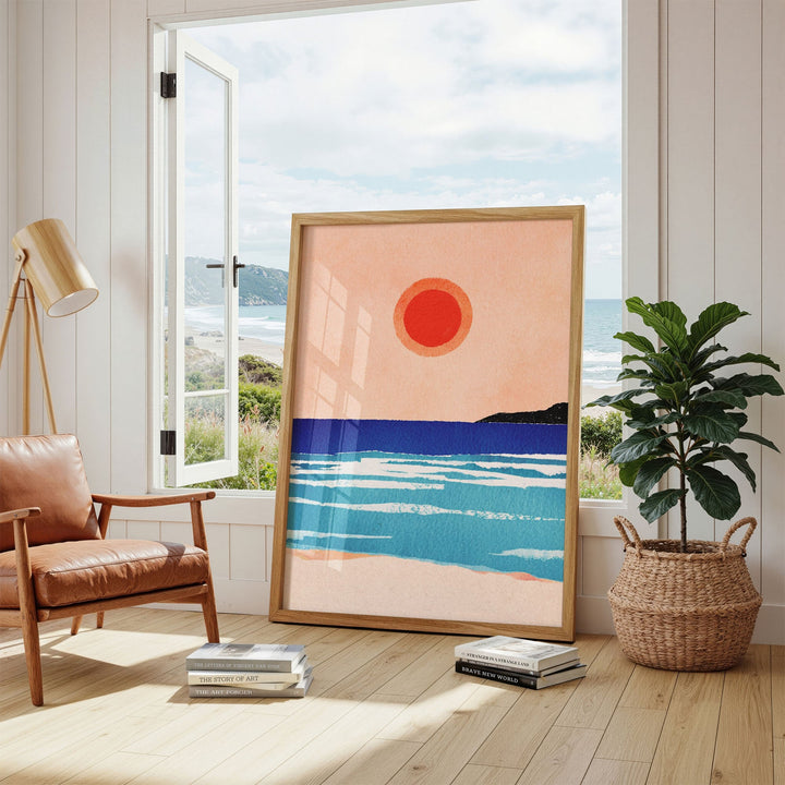 artwork of ocean on floor in a coastal nook