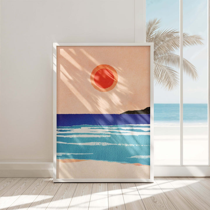 artwork of ocean leaning against wall on floor