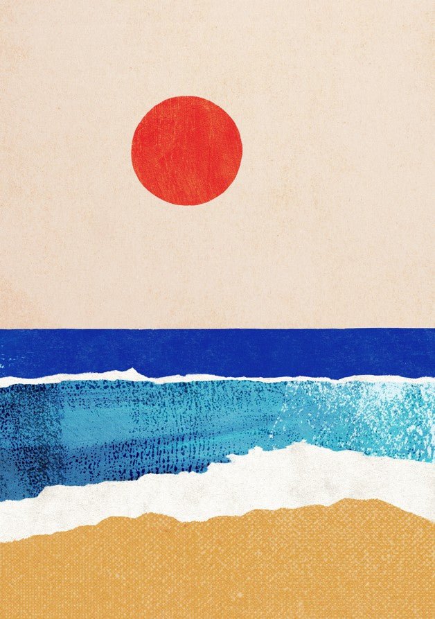A minimalist graphic poster uses layered, textured blocks of beige, red, dark blue, turquoise, and mustard yellow to depict a sunset over the ocean and a sandy beach. framed
