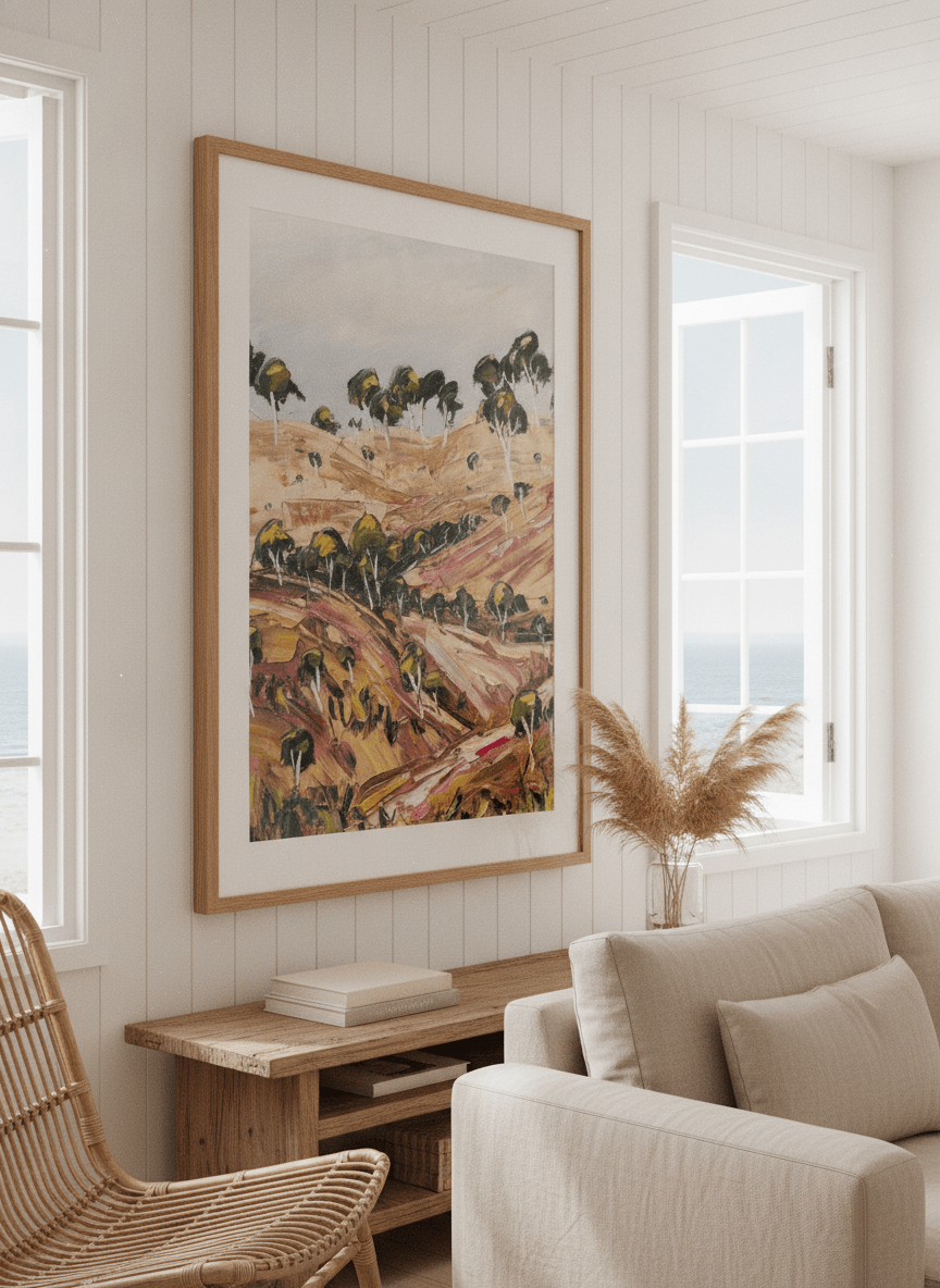Neutral wall art displayed in a sunny coastal beach house