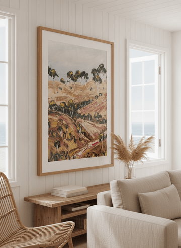 Neutral wall art displayed in a sunny coastal beach house