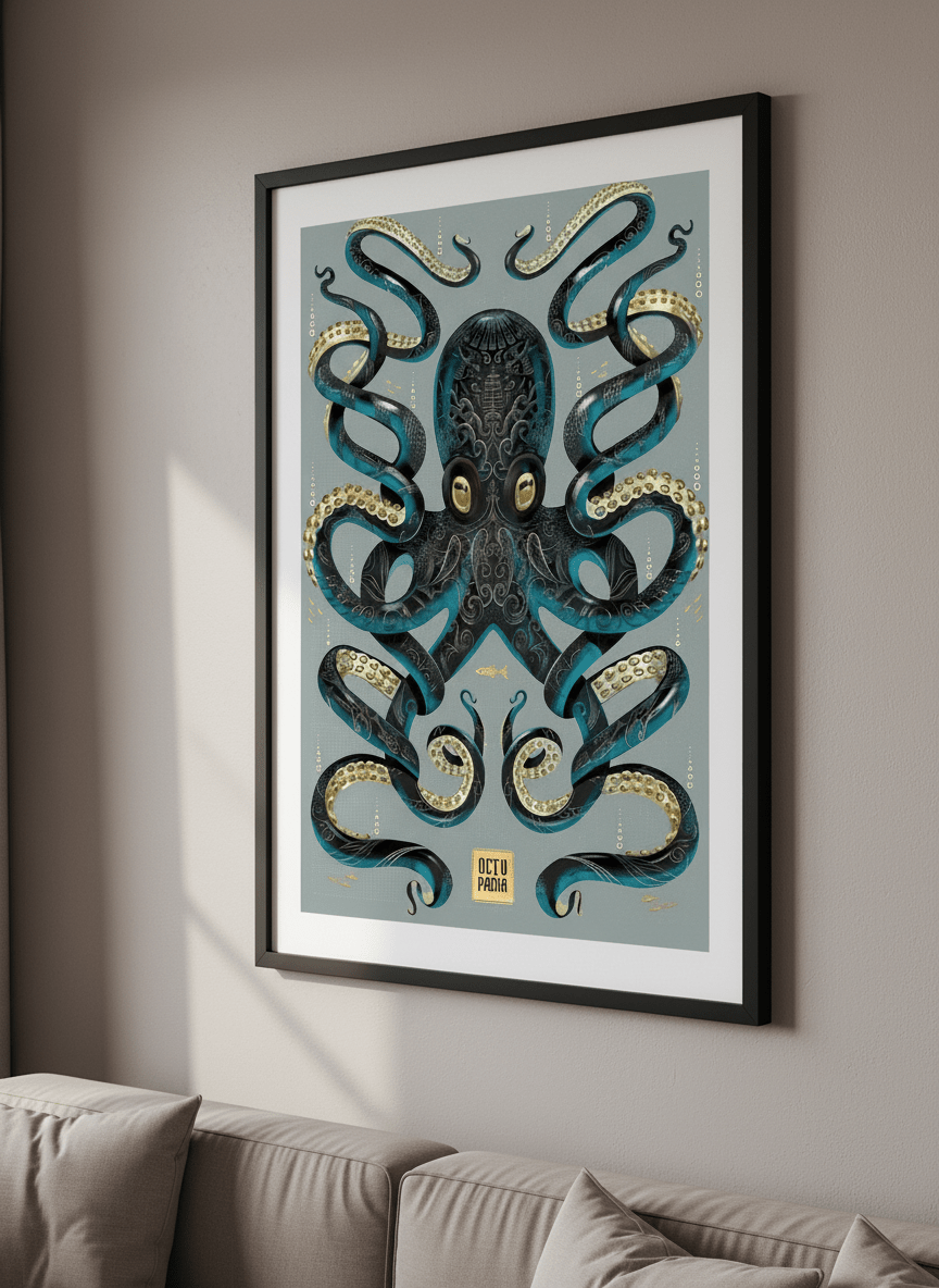 Modern wall art styled above a sofa in a neutral living room