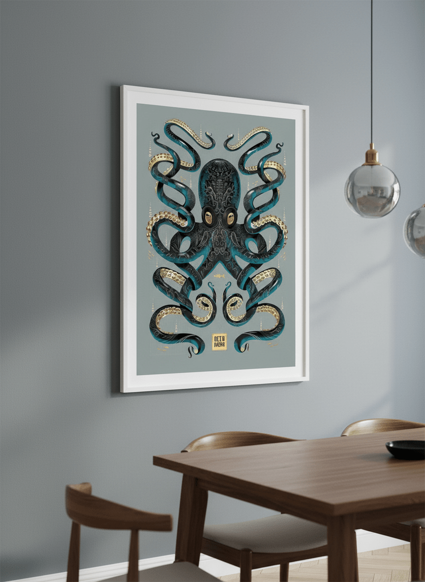 Wall art styled above a dining table in a contemporary home