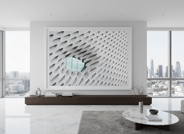 Monumental artwork centred on a feature wall in a luxe interior