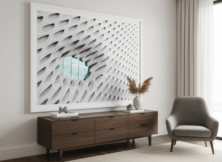 Monumental artwork centred on a feature wall in a luxe interior
