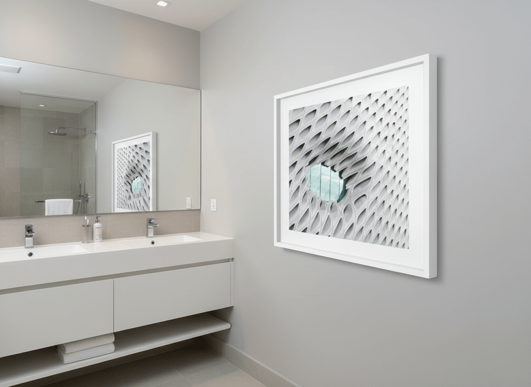 Modern print displayed in a clean minimalist bathroom setting