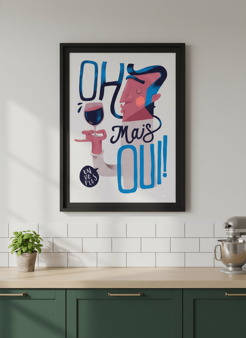 Artwork styled on the wall of a bright modern kitchen