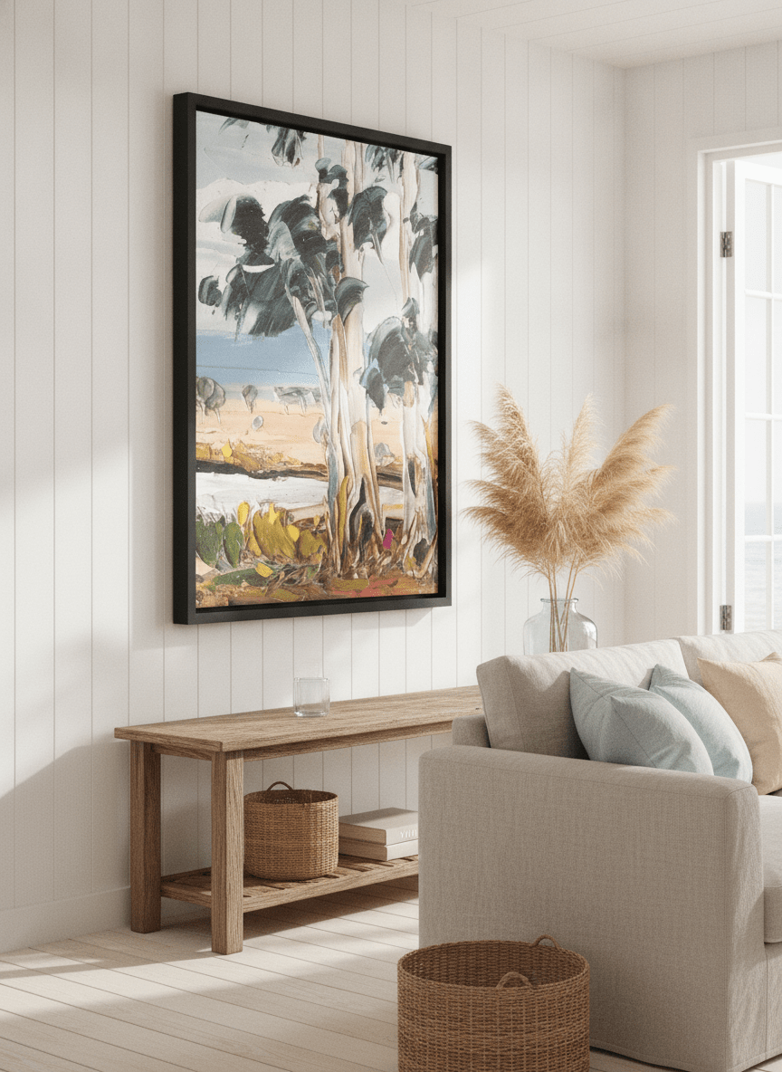 Neutral wall art displayed in a sunny coastal beach house