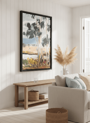 Neutral wall art displayed in a sunny coastal beach house
